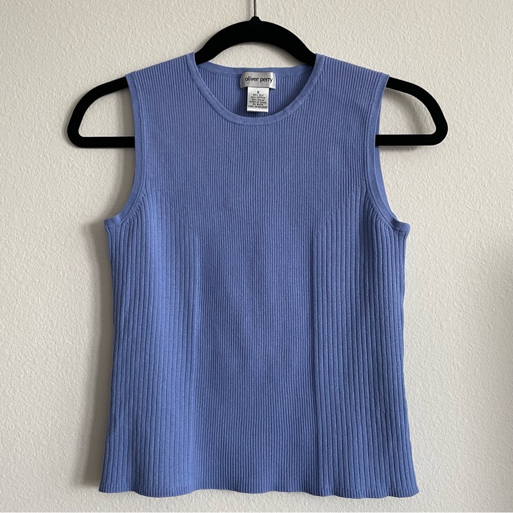 Vintage Oliver Perry Silk Cotton Blend Bright Purple Blue Crow Neck Tanktop